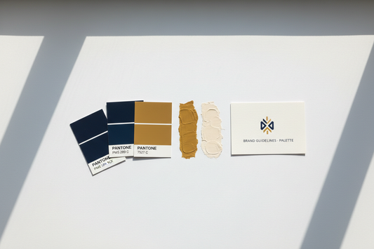 Brand colour palette development — Pantone chips and paint swatches arranged on a clean white surface