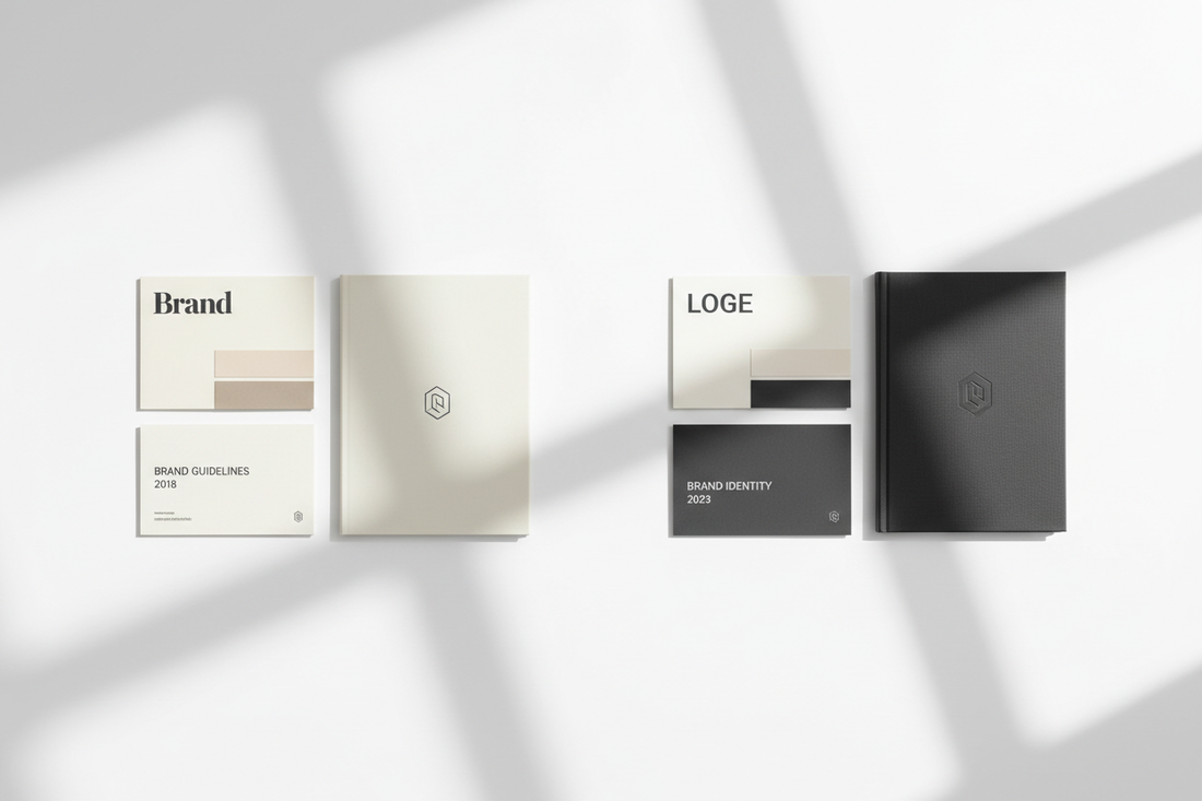 Brand identity refresh — two versions of a visual identity system showing evolution from dated to modern