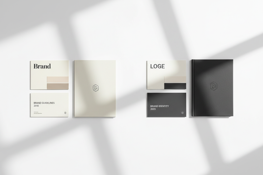 Brand identity refresh — two versions of a visual identity system showing evolution from dated to modern