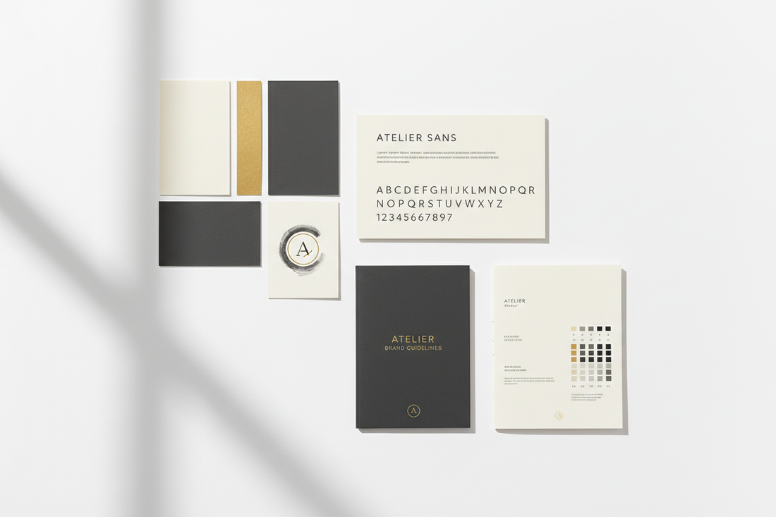 Brand identity system flat-lay with color swatches, typography specimen, and brand guidelines booklet