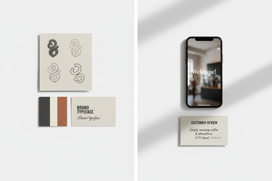 Split composition showing brand identity system alongside customer perception elements