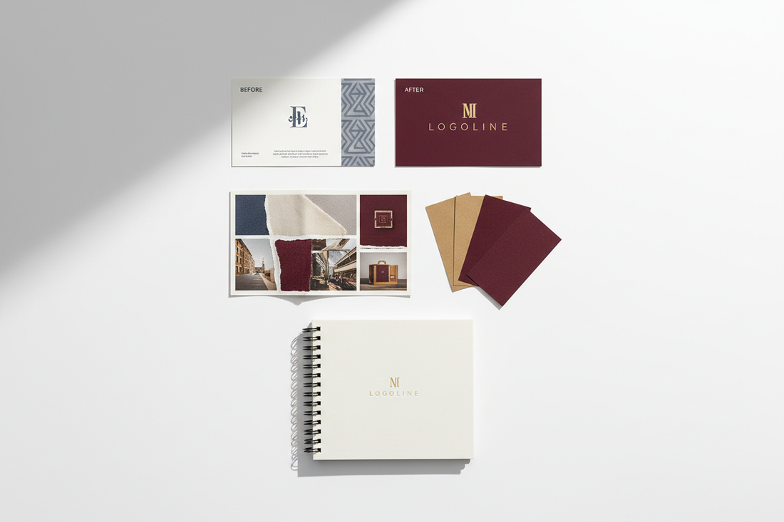 Brand transformation case study — before and after identity cards with burgundy and gold colour palette