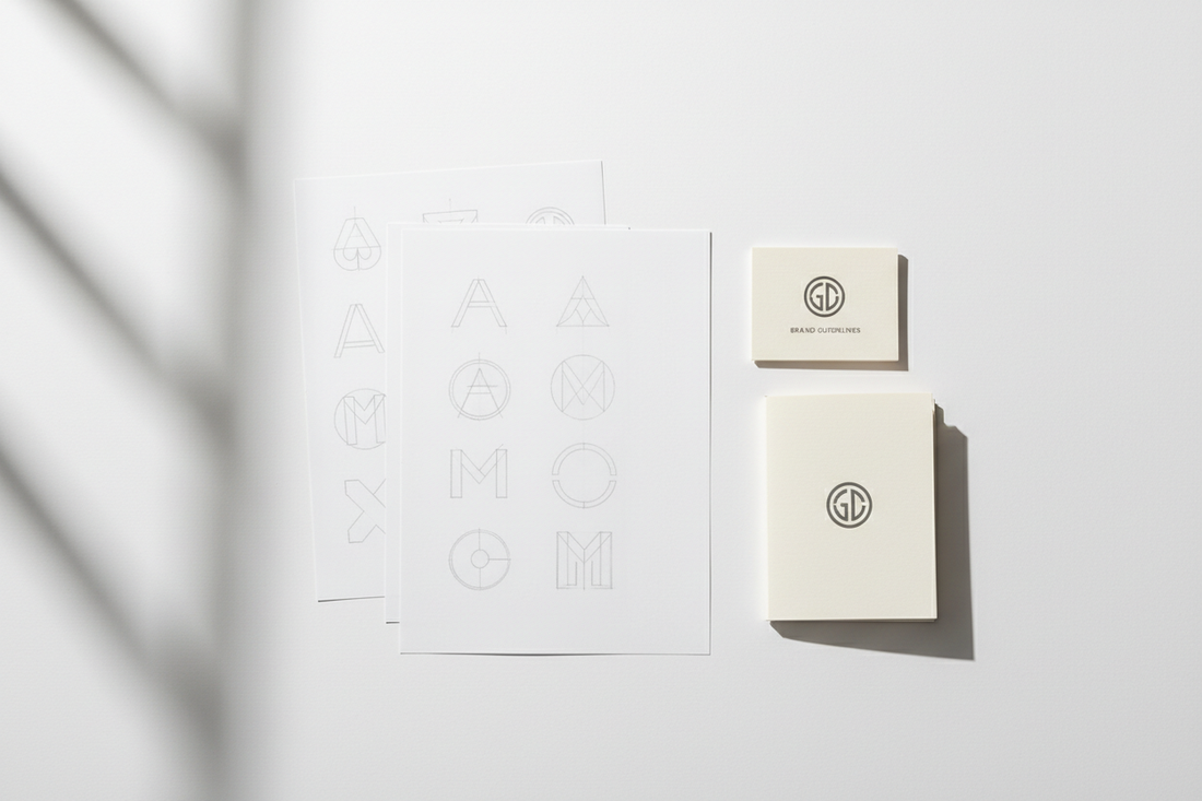 Logo design process — pencil sketches of geometric logo concepts alongside a printed specimen card