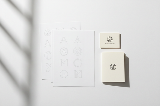 Logo design process — pencil sketches of geometric logo concepts alongside a printed specimen card