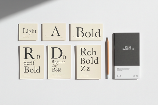 Typography specimen cards showing serif and sans-serif typefaces arranged on a clean white surface