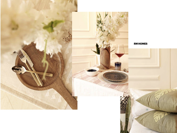 Home & Living photography featuring elegant dining setup with flowers, tableware, and decorative pillows