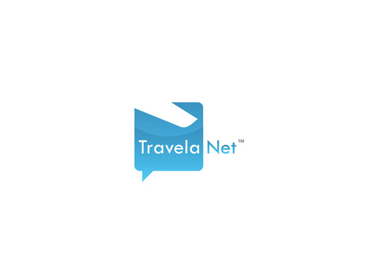 Blue and white chat bubble logo with an airplane design for custom logo design for travel brand